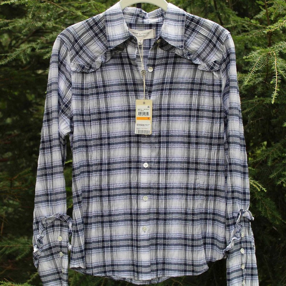 Max Studio London Plaid Buttondown With Ruffle NWT